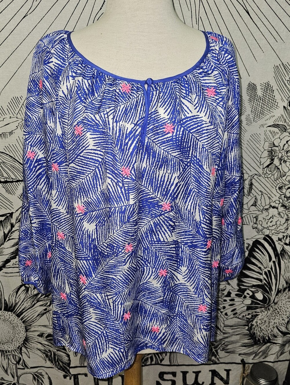 Vineyard Vines 100% Silk Blue Palm-Print Scoop Neck Tunic Embroidered Flowers